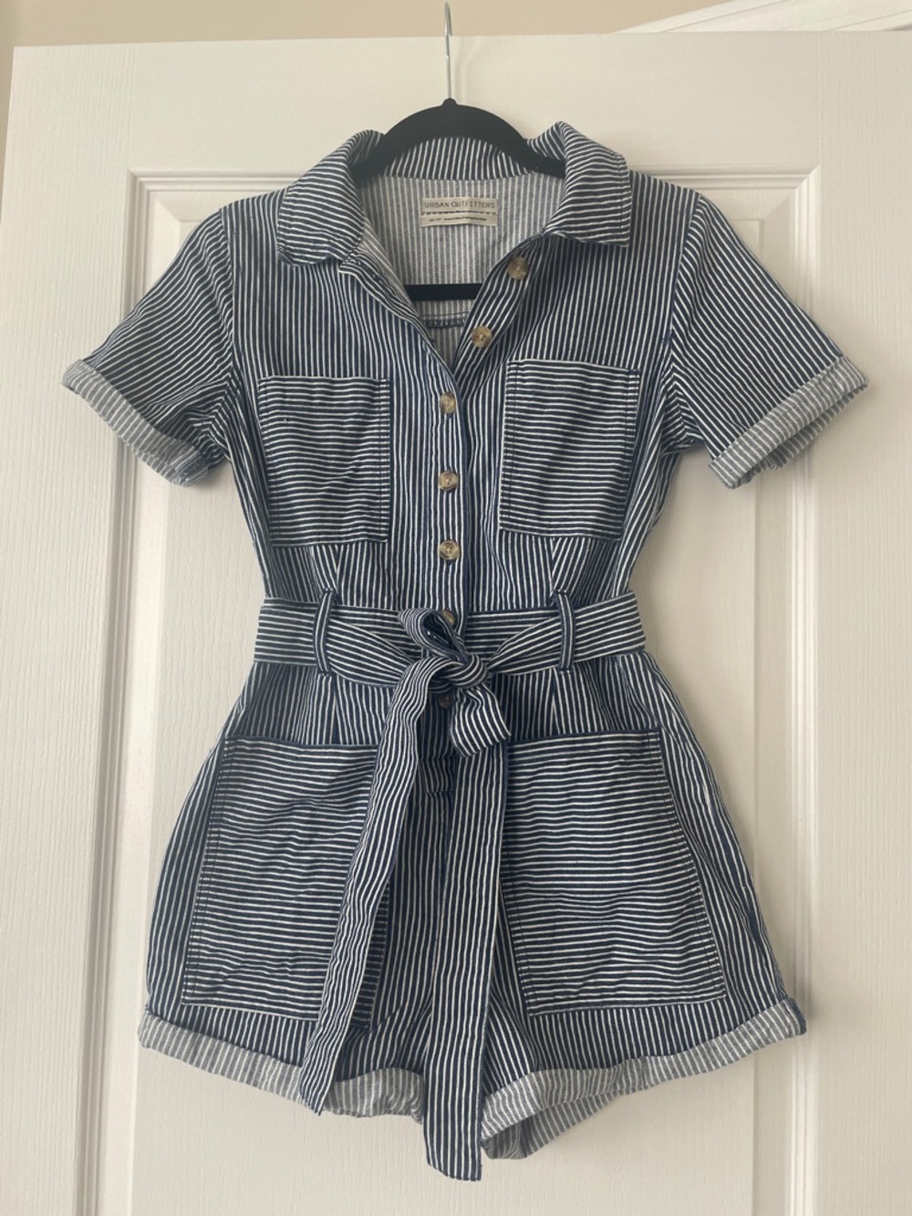 Urban Outfitters Striped Button-Front Romper with Tie Waist - Navy & White